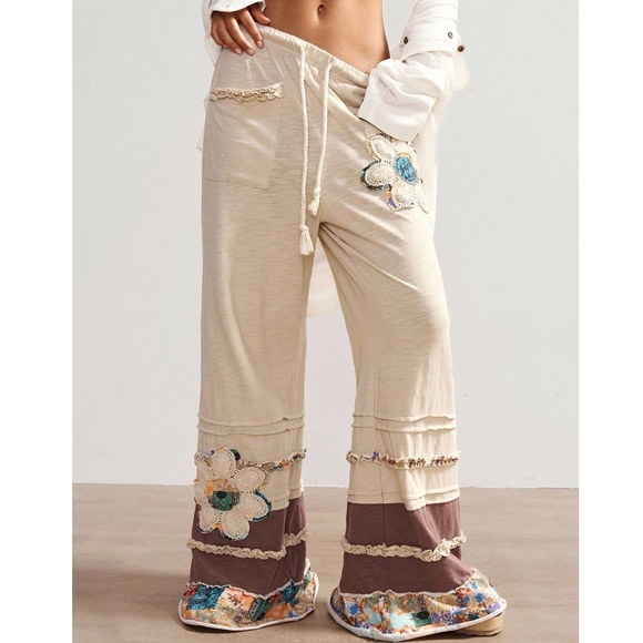 Boho Floral Patchwork Print Stretchy Waist Wide leg Pants - Picture 1 of 5
